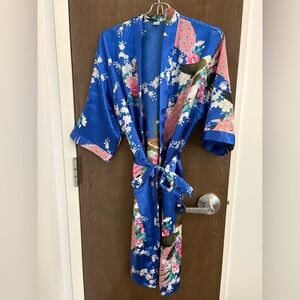 Royal Blue Silky Satin Peacock Front Tie Robe Kimono  - Size Medium